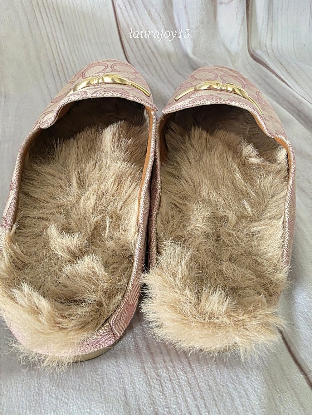 Coach Sienna Sherpa Slides Shoes Pink Signature Jacquard Gold Horsebit Womens 6 - Picture 5 of 10